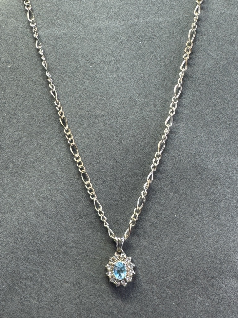 Silver Necklace With Blue Gemstone Halo Pendant